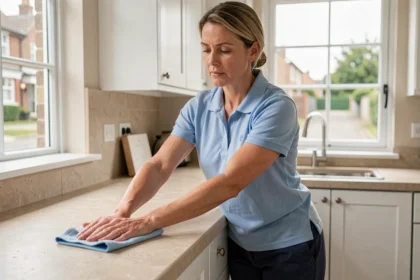 Femme de ménage professionnelle nettoyant le plan de travail d'une cuisine moderne à Blagnac