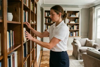 Femme de ménage professionnelle époussetant une bibliothèque dans un appartement de style haussmannien à Reims