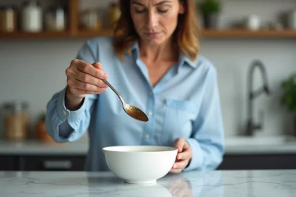 Femme en blouse bleue nettoyant une cuillère en argent