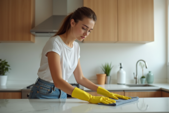 Jeune femme nettoyant la cuisine avec chiffon microfibre