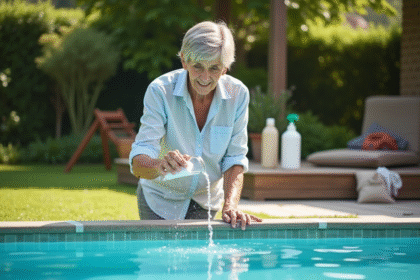 Femme versant bicarbonate dans une piscine extérieure