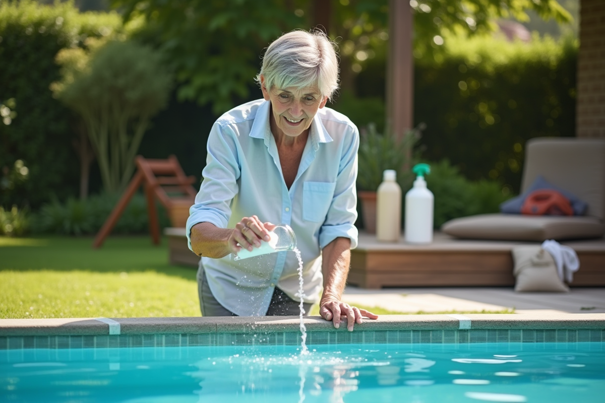 Femme versant bicarbonate dans une piscine extérieure
