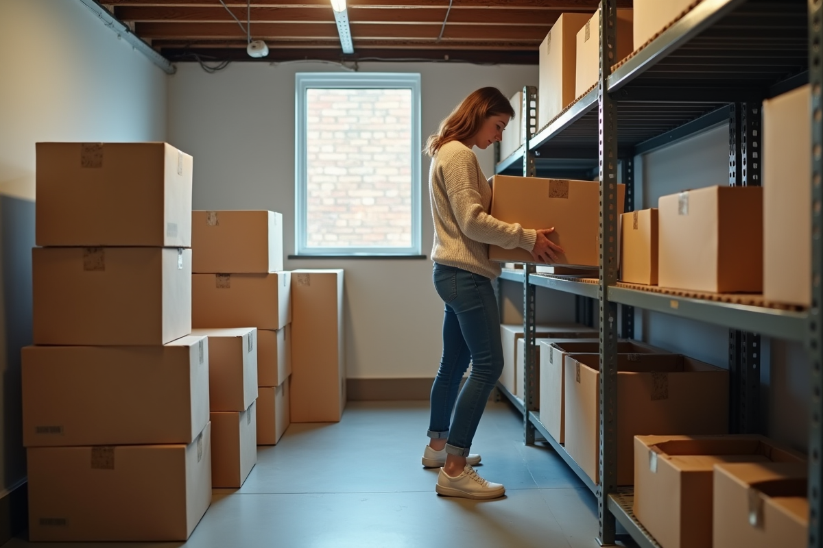 Jeune femme organisant des cartons dans un sous-sol moderne