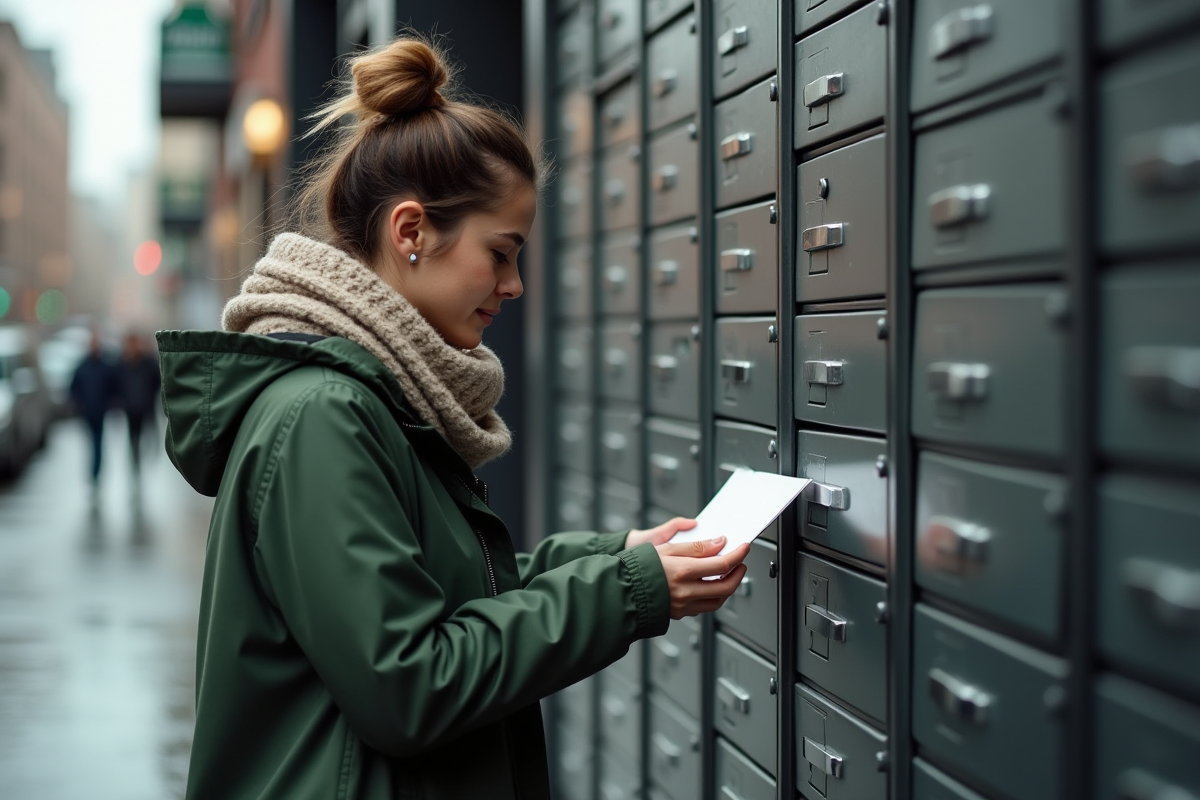 Jeune femme récupérant courrier dans casier postal urbain