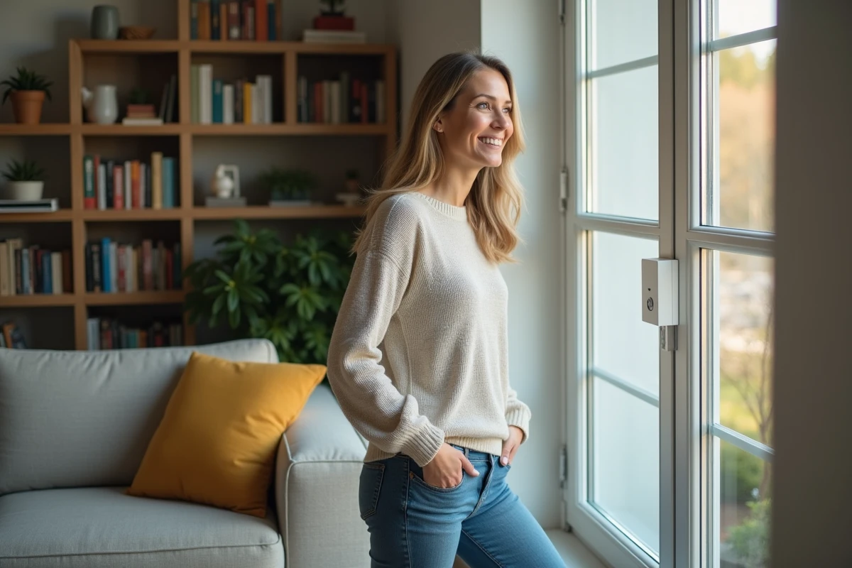 Femme regardant par la fenetre avec capteur d alarme visible