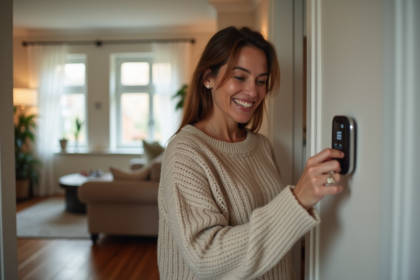 Femme d'âge moyen ajustant un thermostat numérique dans un intérieur chaleureux