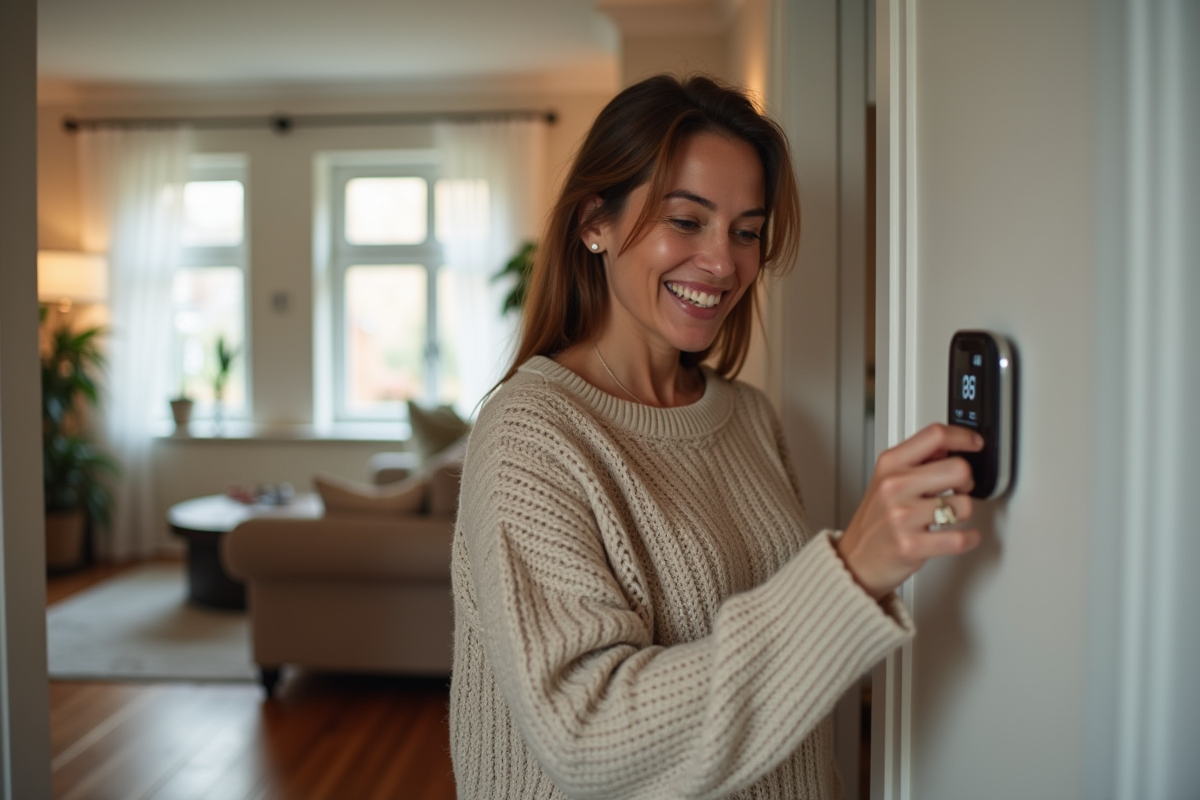Femme d'âge moyen ajustant un thermostat numérique dans un intérieur chaleureux