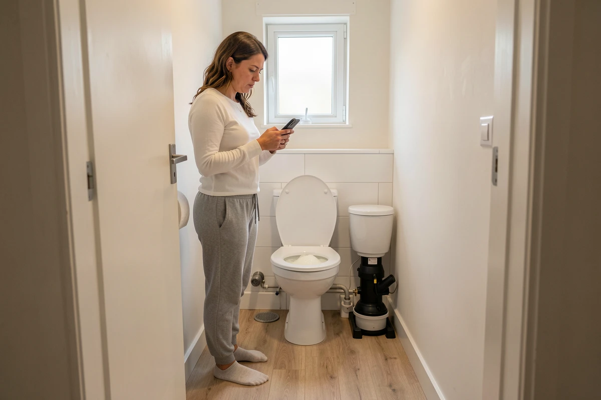 Femme inquiète consultant son téléphone face à des toilettes avec sanibroyeur qui déborde dans une petite salle de bain