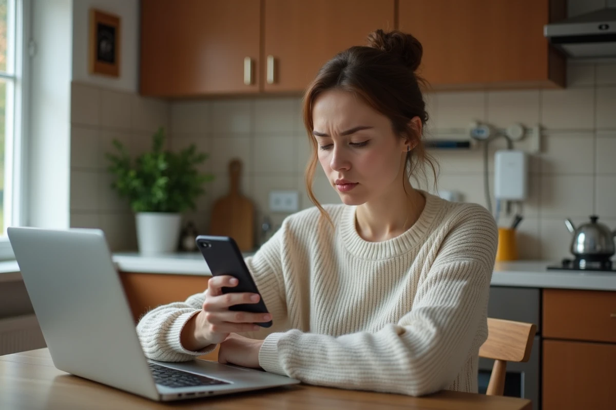 Jeune femme consulte son téléphone près de la pompe à chaleur