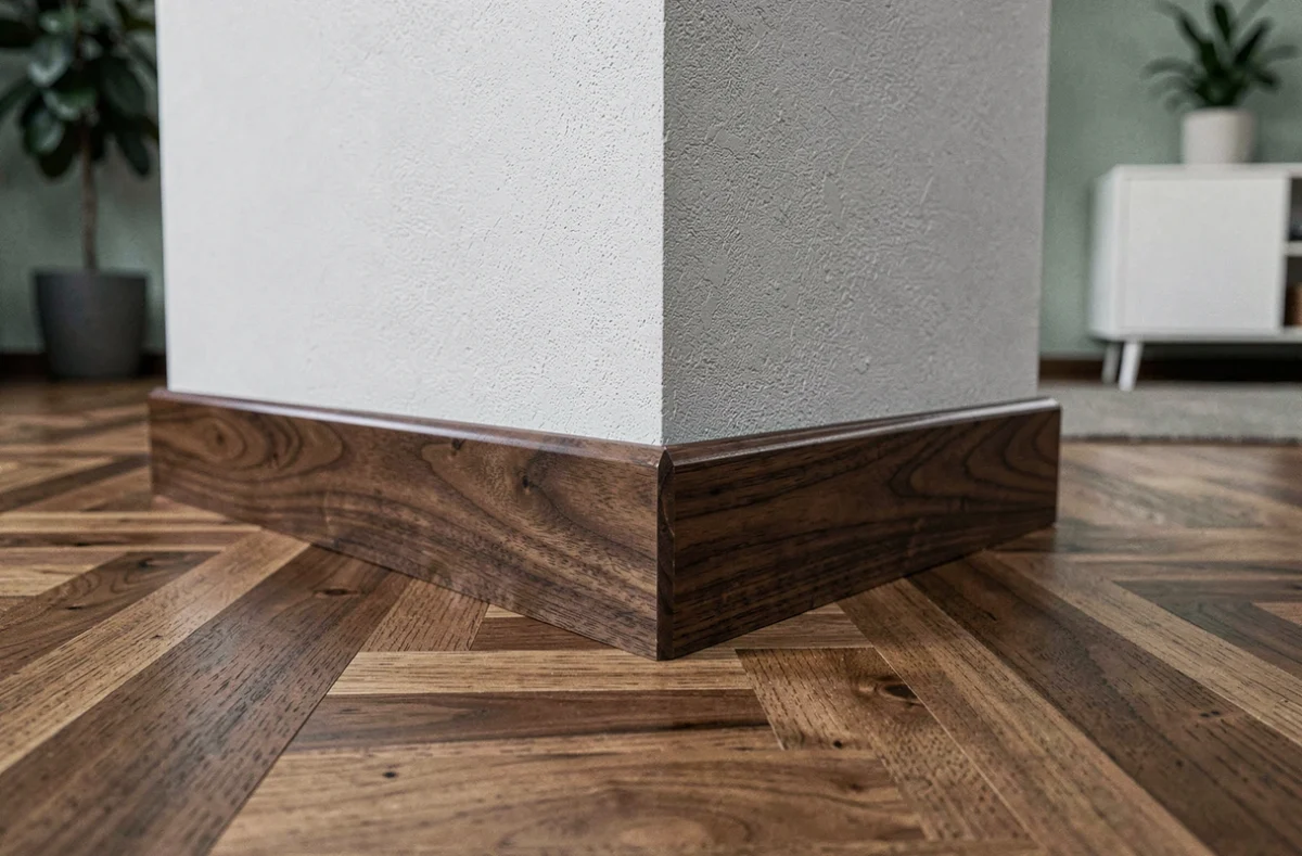 Finition parfaite d'un cache angle plinthe en noyer installé dans un coin de salon contemporain sur parquet en chevrons