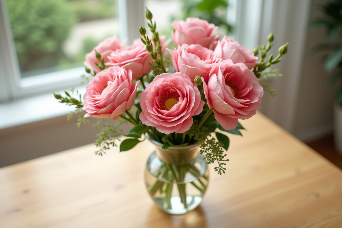 Fleurs T-shaped taillées dans une jarre moderne sur une table en bois