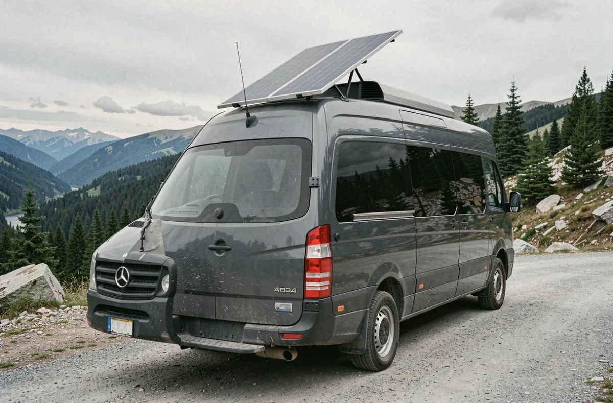 Fourgon Mercedes Sprinter aménagé avec panneaux solaires sur le toit garé en montagne dans un paysage naturel