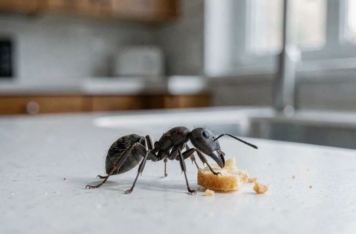 Fourmi noire en gros plan sur un plan de travail de cuisine blanche avec miettes de pain
