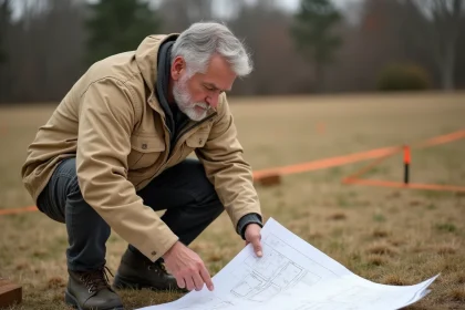 Géomètre mesurant la surface d'un terrain avec un plan et un ruban de mesure