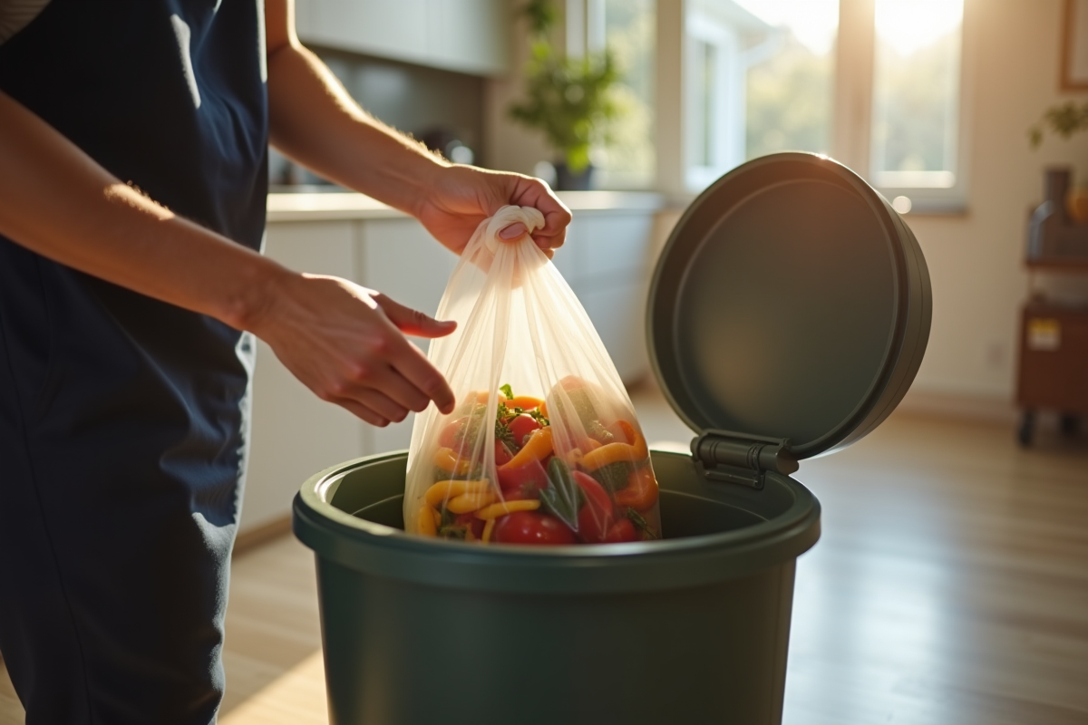 Mains déposant des déchets alimentaires dans un sac compostable à côté d