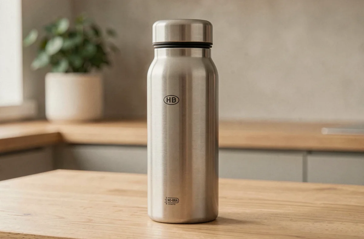 Gourde 1 litre en inox brossé étanche et sans BPA posée sur une table en bois dans une cuisine minimaliste