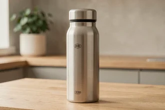 Gourde 1 litre en inox brossé étanche et sans BPA posée sur une table en bois dans une cuisine minimaliste