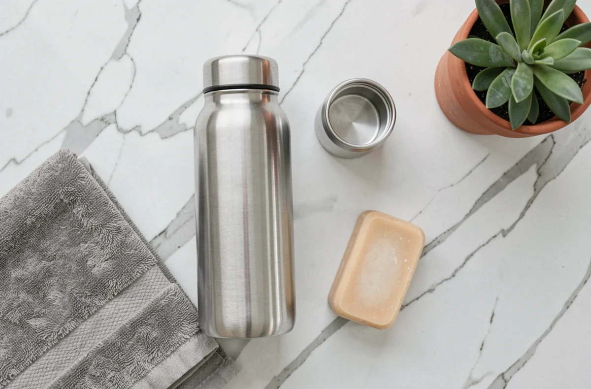Vue de dessus d'une gourde inox 1 litre sans BPA sur un comptoir en marbre blanc avec accessoires de salle de bain