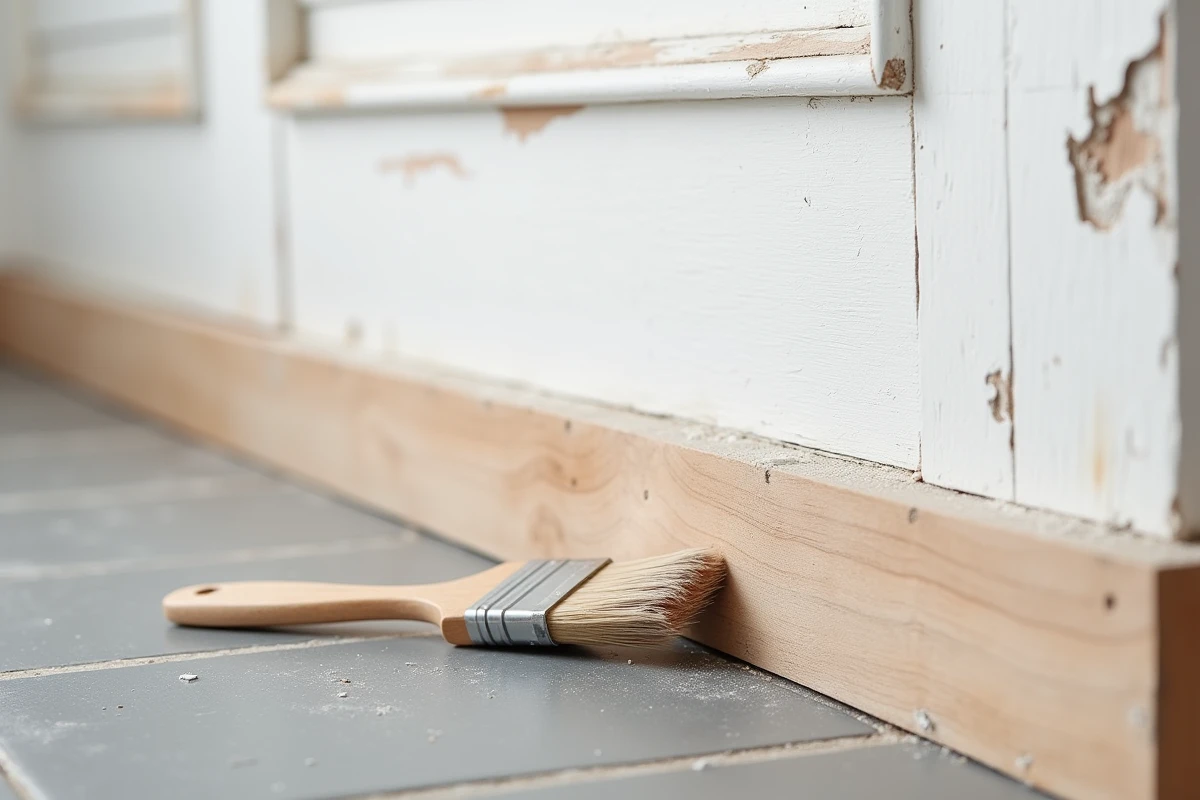 Gros plan sur une boiserie en bois partiellement peinte en blanc sans ponçage préalable, montrant le contraste de texture