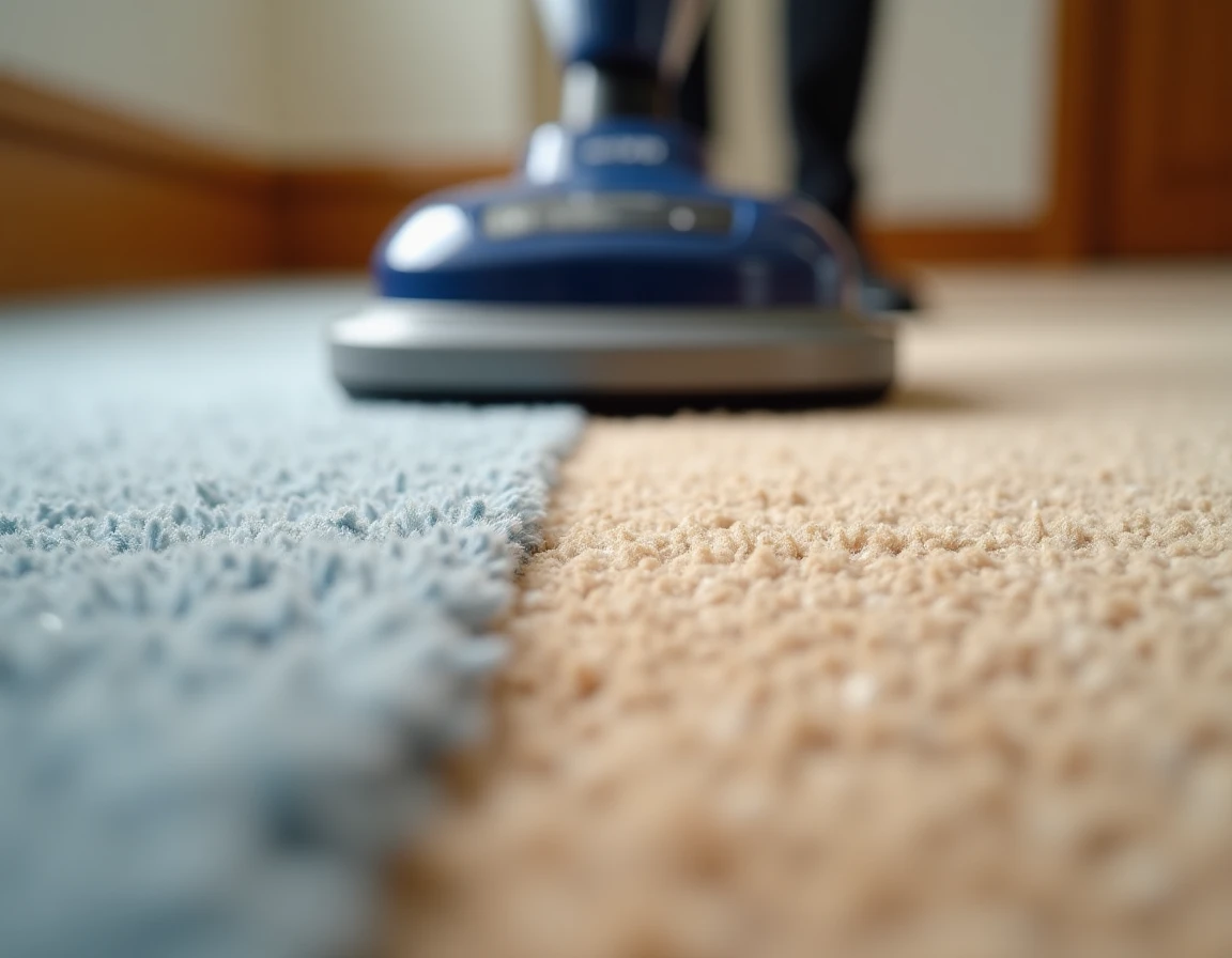 Gros plan sur une moquette en cours de nettoyage avec une shampouineuse, montrant la restauration des couleurs des fibres