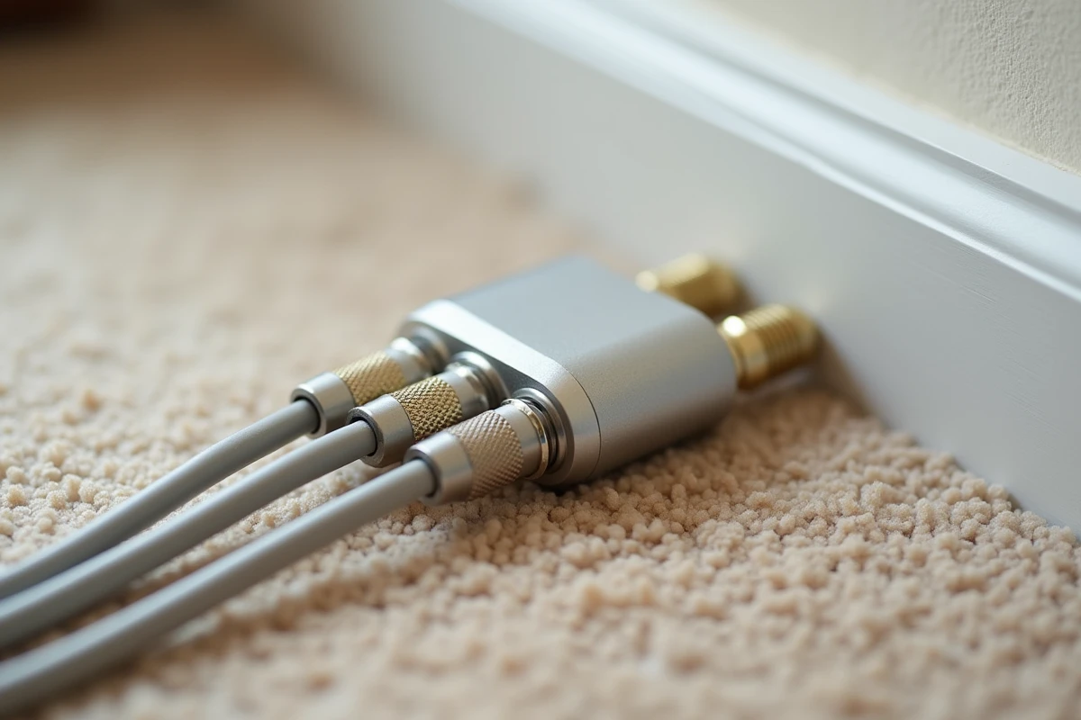 Gros plan sur un répartiteur coaxial à trois sorties pour distribuer le signal TV câble dans plusieurs pièces