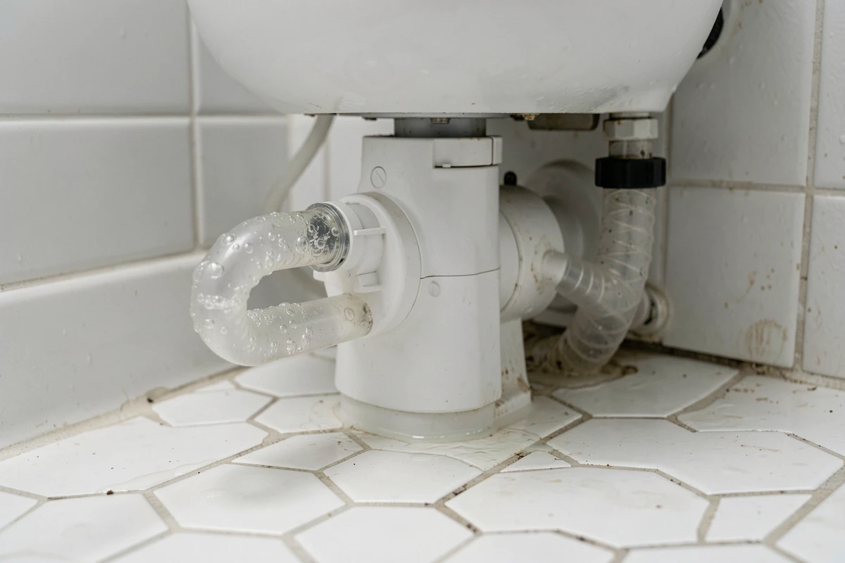 Gros plan sur un sanibroyeur avec bulles d'air visibles dans le tuyau flexible et débordement d'eau au pied des toilettes