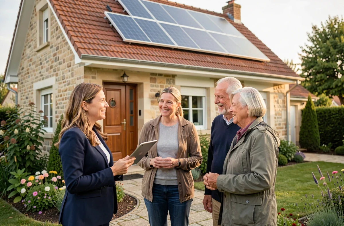 Conseillère d'Habit'Avenir présentant une solution de rénovation solaire à un couple de propriétaires en Essonne