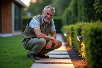 Homme ajustant une lampe LED dans un jardin paysager