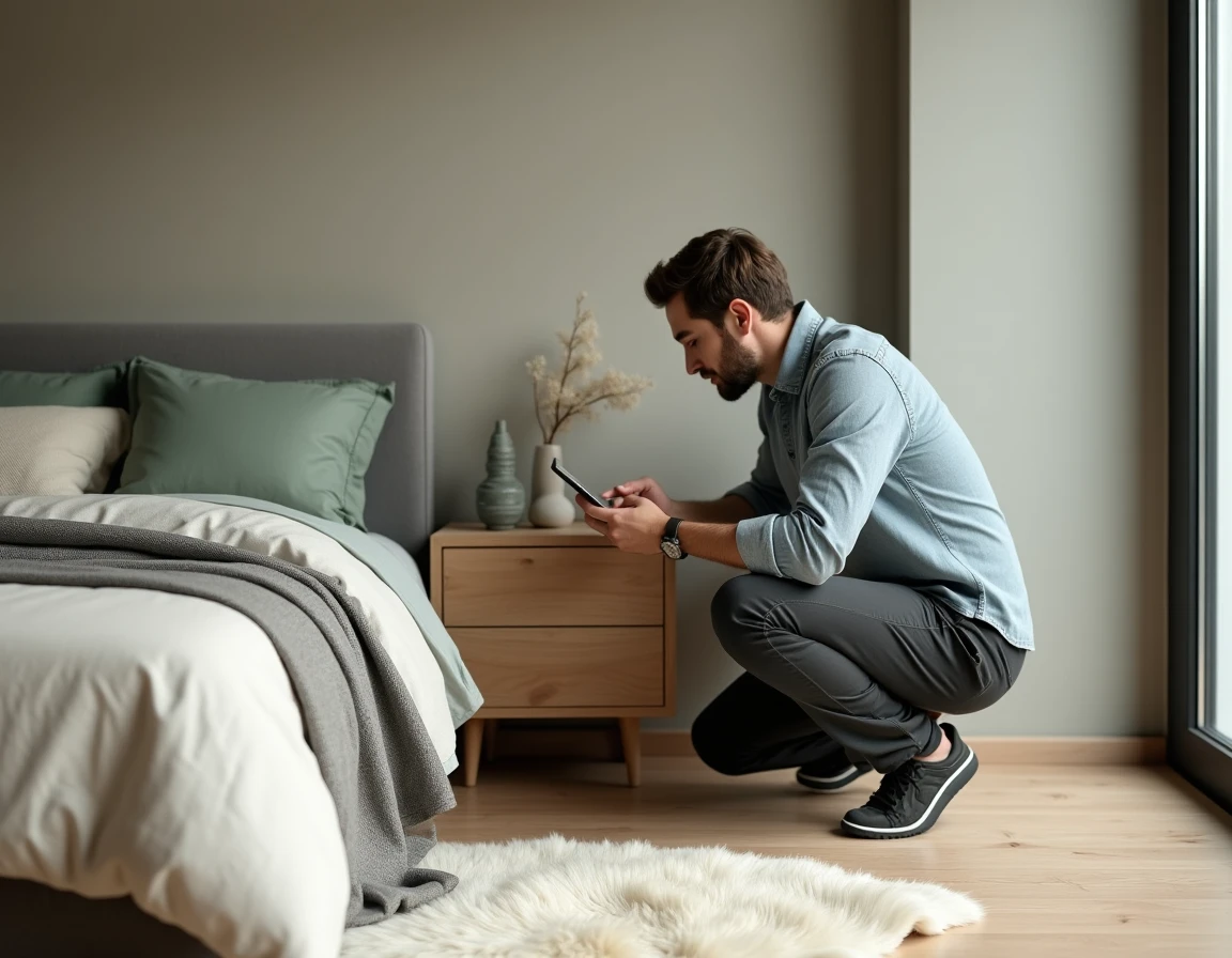 Homme consultant une application de décoration sur smartphone dans une chambre scandinave minimaliste avec literie en lin et murs en plâtre texturé