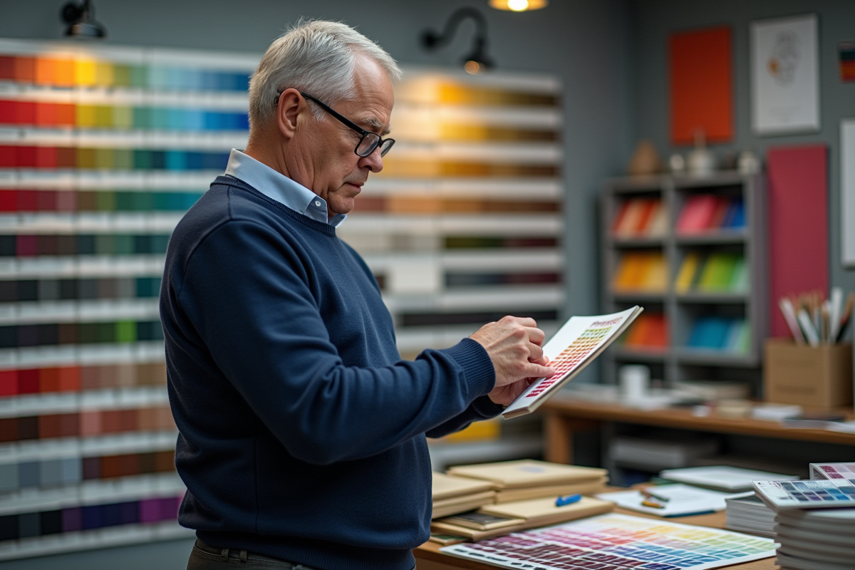 Homme en pull bleu examine un échantillon de couleur dans un atelier d