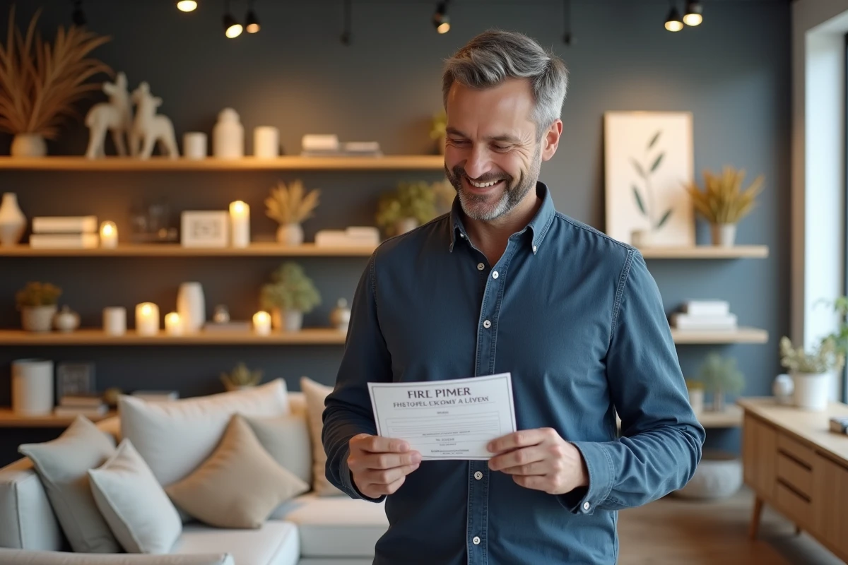 Homme tenant un bon de réduction CSE devant un rayon de mobilier Maisons du Monde en magasin