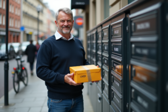 Homme souriant avec colis jaune devant boîtes aux lettres
