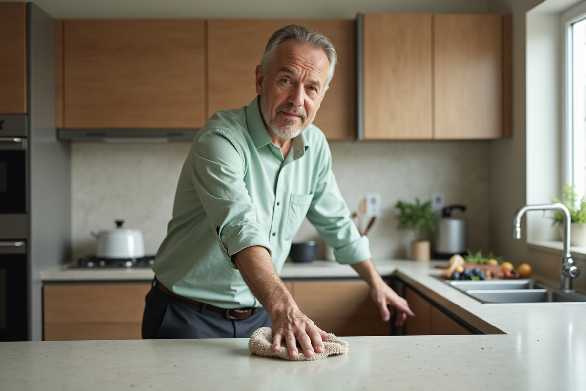 Homme en cuisine essuyant un plan de travail avec un chiffon