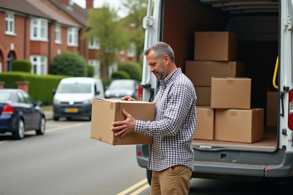 Homme vérifiant liste de cartons devant un camion de déménagement