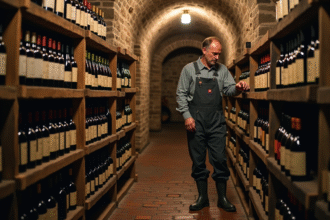 Homme en overalls inspectant des bouteilles de vin dans une cave rustique