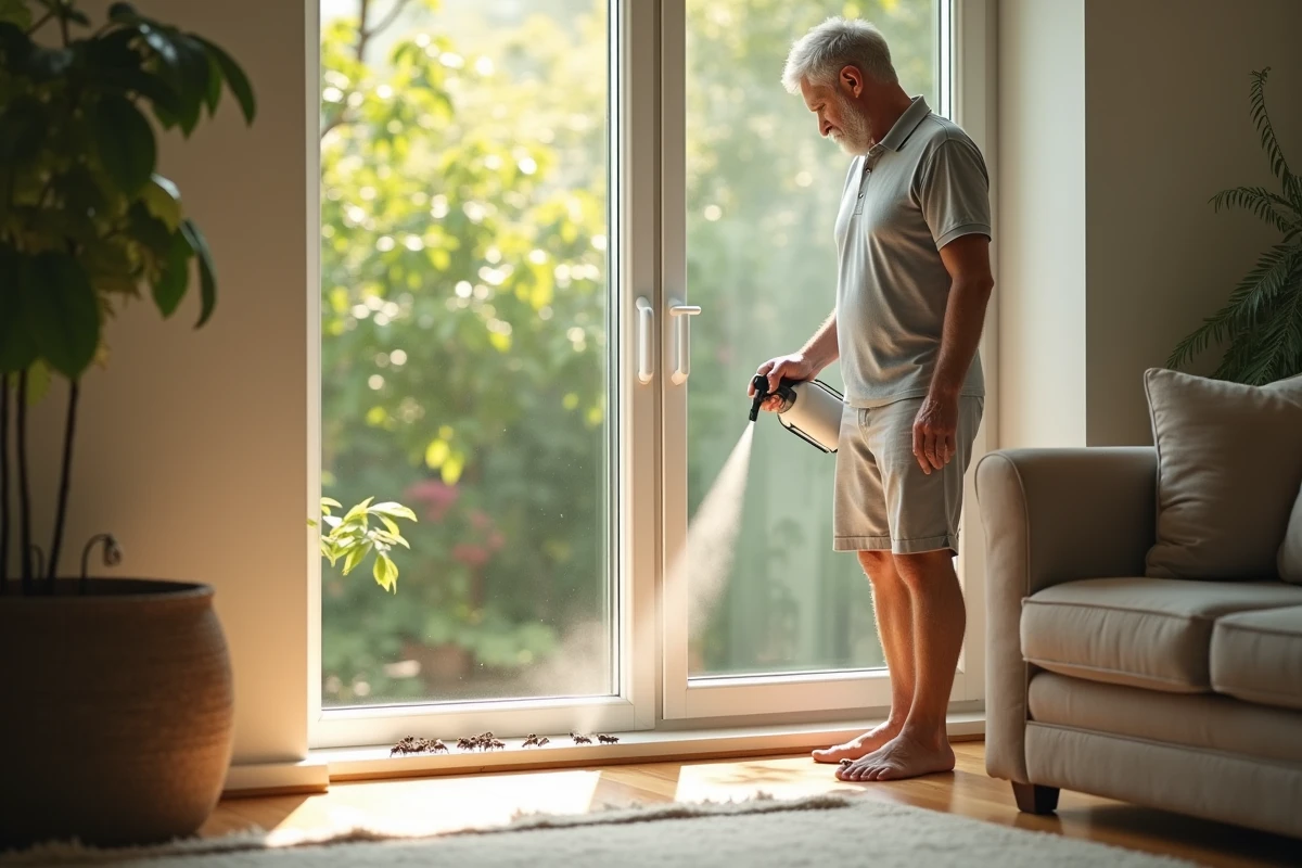 Homme pulvérisant un insecticide dans le salon en été