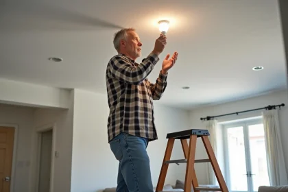 Homme d'âge moyen vérifiant une ampoule LED au plafond
