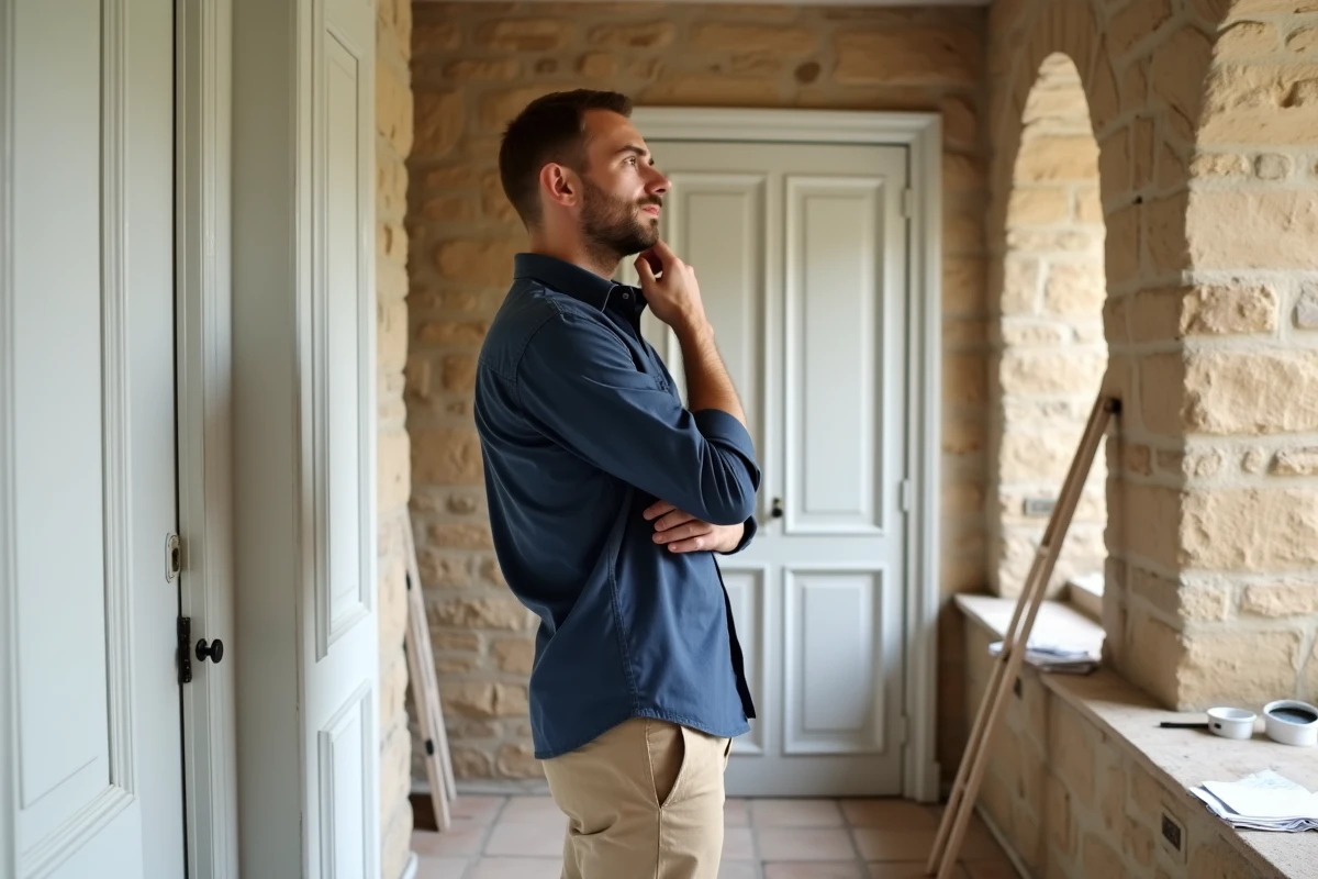 Homme inspectant une boiserie de porte intérieure peinte en blanc sans poncer dans une maison de campagne française rénovée