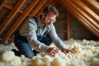 Homme en overalls inspectant l'isolation dans un grenier