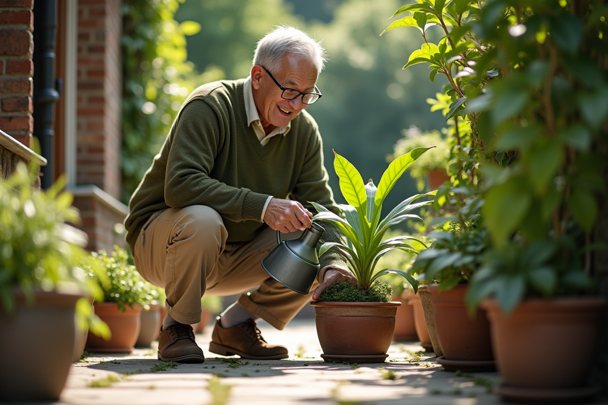 Homme âgé arrosant un plante d argent dans son jardin