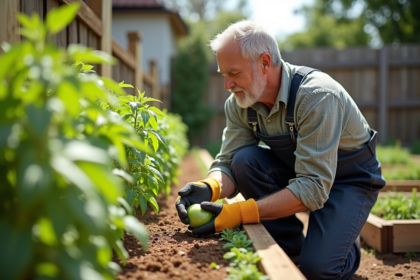 Homme en overalls inspectant des plants de tomates verts