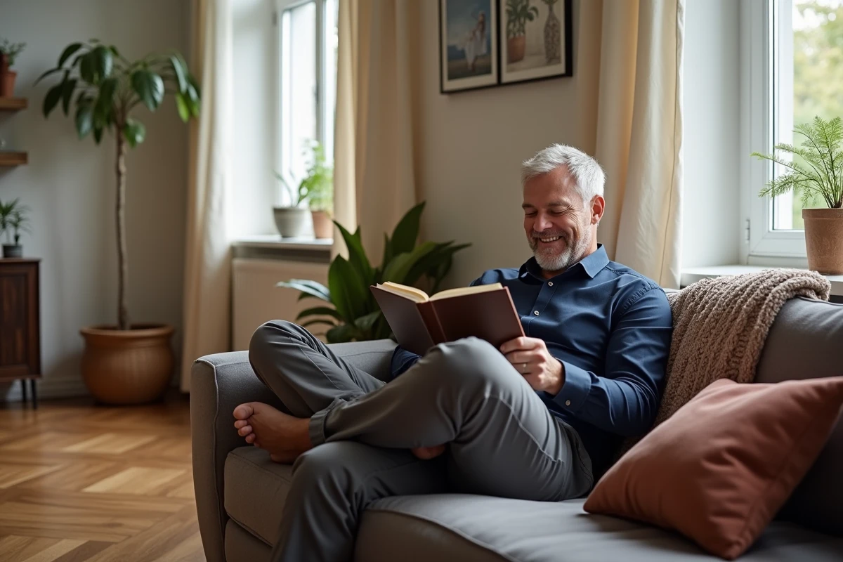Homme lisant un livre dans un salon lumineux