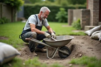 Homme en salopette mélangeant du mortier en extérieur
