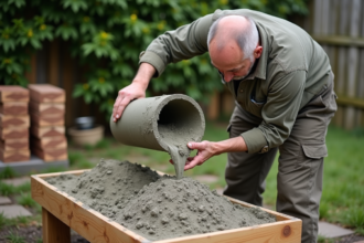 Homme versant un mélange de béton écologique dans un moule en bois