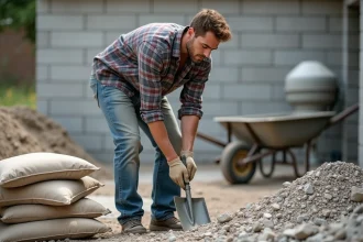 Jeune homme mesurant du gravier sur un chantier