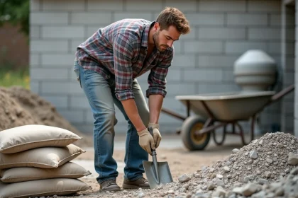 Jeune homme mesurant du gravier sur un chantier