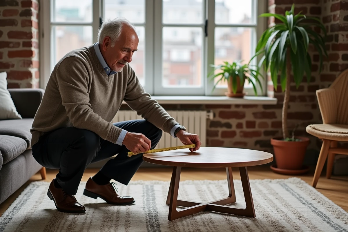 Homme âgé mesurant un petit table design dans un appartement