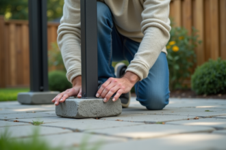 Homme ajustant une structure de gazebo en métal dans un jardin