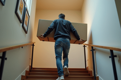 Homme portant un meuble en carton dans un appartement moderne