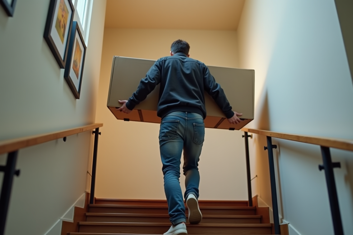 Homme portant un meuble en carton dans un appartement moderne
